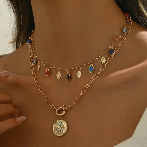 BRAND NEW Gold Evil Eye Charm Layered Necklace - Picture 1 of 2